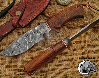 Damascus Hunting Knife, Handmade Damascus Steel Bowie Knife, Hand forged Damascus Hunting Skinning Camping Knife With Rose Wood Handle H 03