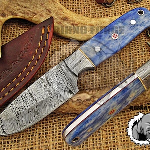 Damascus Bushcraft Knife Handmade Damascus Steel Hunting Knife Damascus Knife Full Tang Damascus Knife Colored Camel Bone Handle  UHB-3