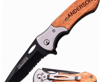 Engraved Wood Handle Pocket Knife, Personalized Anniversary Gift