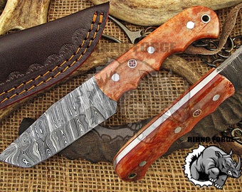 8.5" Damascus Tanto Knife Handmade Damascus Steel Hunting Knife Damascus Knive Full Tang Damascus Knife Colored Camel Bone Handle UH-70