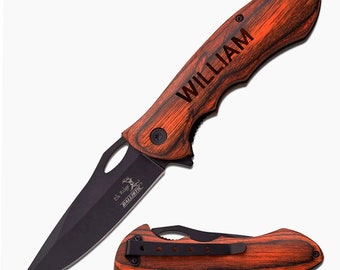 Personalized Pocket Knife: Engraved Wood Handle, Stainless Steel Blade