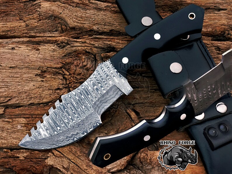 Handmade Tracker Damascus Hunting knife with Horizontal Carry Sheath