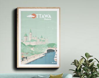 May include: A framed poster featuring a vintage travel illustration of the Parliament Buildings in Ottawa, Ontario, Canada. The poster has a green and blue colour scheme with a red sun and white clouds. The text "OTTAWA Ontario" is printed in a retro font.