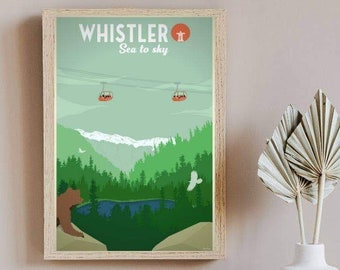May include: A retro-style poster with the text "WHISTLER Sea to sky" and a red icon of a mountain with a white peak. The poster features a green forest, a blue lake, a brown bear, and two red cable cars.