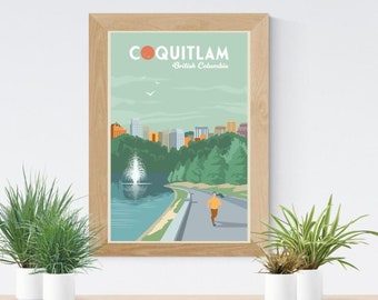 May include: A retro-style poster with a red circle and the text "COQUITLAM British Columbia". The poster depicts a cityscape with a lake, a fountain, and a person running on a path.