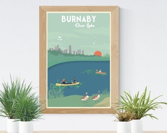 May include: A vintage-style poster with a teal background featuring the text "BURNABY Deer Lake". The poster depicts a lake with a cityscape in the background, three people in a canoe, two people in kayaks, and two geese on the shore.