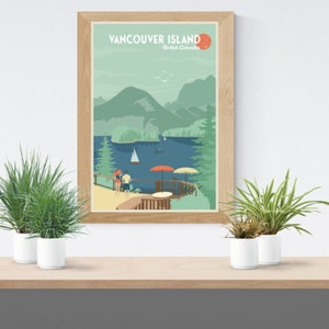 May include: A vintage-style travel poster depicting a scenic view of Vancouver Island, British Columbia. The poster features a lake with mountains in the background, a wooden deck with people, and a red sun in the top right corner.
