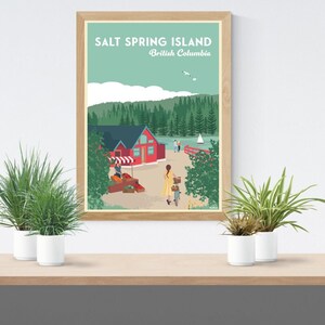 May include: A vintage-style travel poster featuring a red cabin with a white awning, surrounded by green trees and a lake. The poster reads "Salt Spring Island, British Columbia".