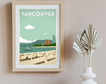 May include: A retro-style poster with the word "VANCOUVER" in white text on a teal background. The poster depicts a beach scene with a cityscape in the background, a blue boat in the water, and people sitting on logs on the beach.