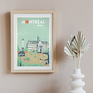 May include: A vintage-style travel poster featuring a colorful illustration of a building in Montreal, Quebec. The poster has a green background with the text "MONTR&Eacute;AL Quebec" in a red circle.