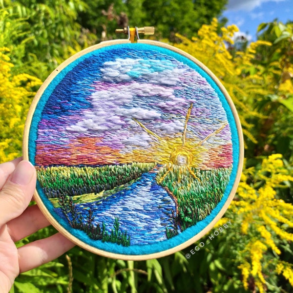 Hand embroidery hoop art  Embroidered picture Sunset landscape Thread painting