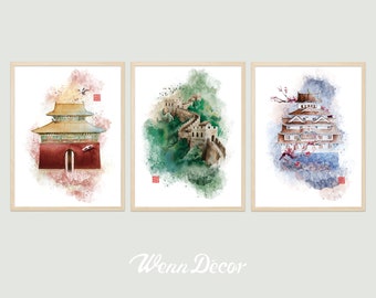 Set Of 3 Prints Abstract Print Textured Chinese Building Print Great Wall Chinese Traditional Print Art Print Printable Art Digital Print