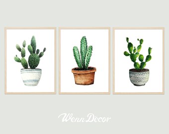 May include: Three watercolor paintings of cacti in pots. The cacti are green and the pots are brown, white, and blue.
