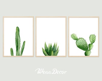 May include: Set of three watercolor prints featuring different types of cacti. The prints are framed in a simple wooden frame and have a white background.