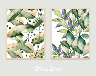 Set Of 2 Prints Botanical Print Eucalyptus Print Watercolor Leaves Minimalism Print Wall Hanging Art Print Printable Art Wall Digital Art