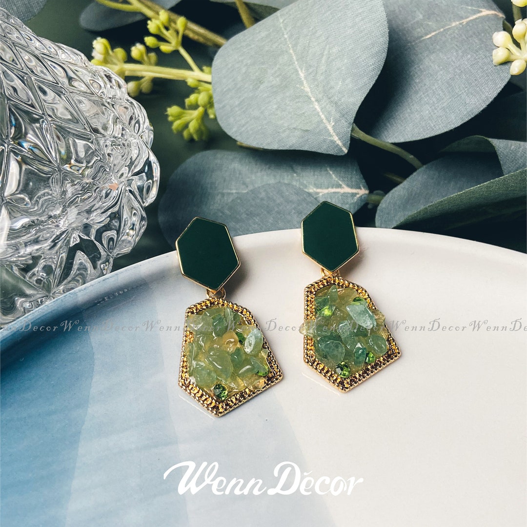 thumbnail image 2 of Vintage Style Gold Plated Chandelier Earrings – Green & White Crystal Gemstones 2 of 5