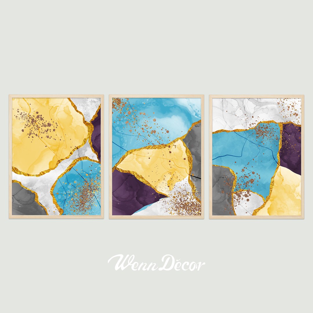 Set of 3 Prints Abstract Print Modern Art Textured Color Print Blue ...