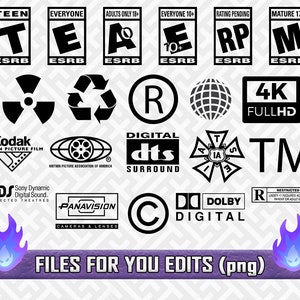 Może przedstawiać: Zbiór czarno-białych logo i symboli, w tym klasyfikacje ESRB dla gier wideo, symbol recyklingu, symbol praw autorskich, symbol znaku towarowego i logo 4K. Logotypy są ułożone w siatkę na białym tle.