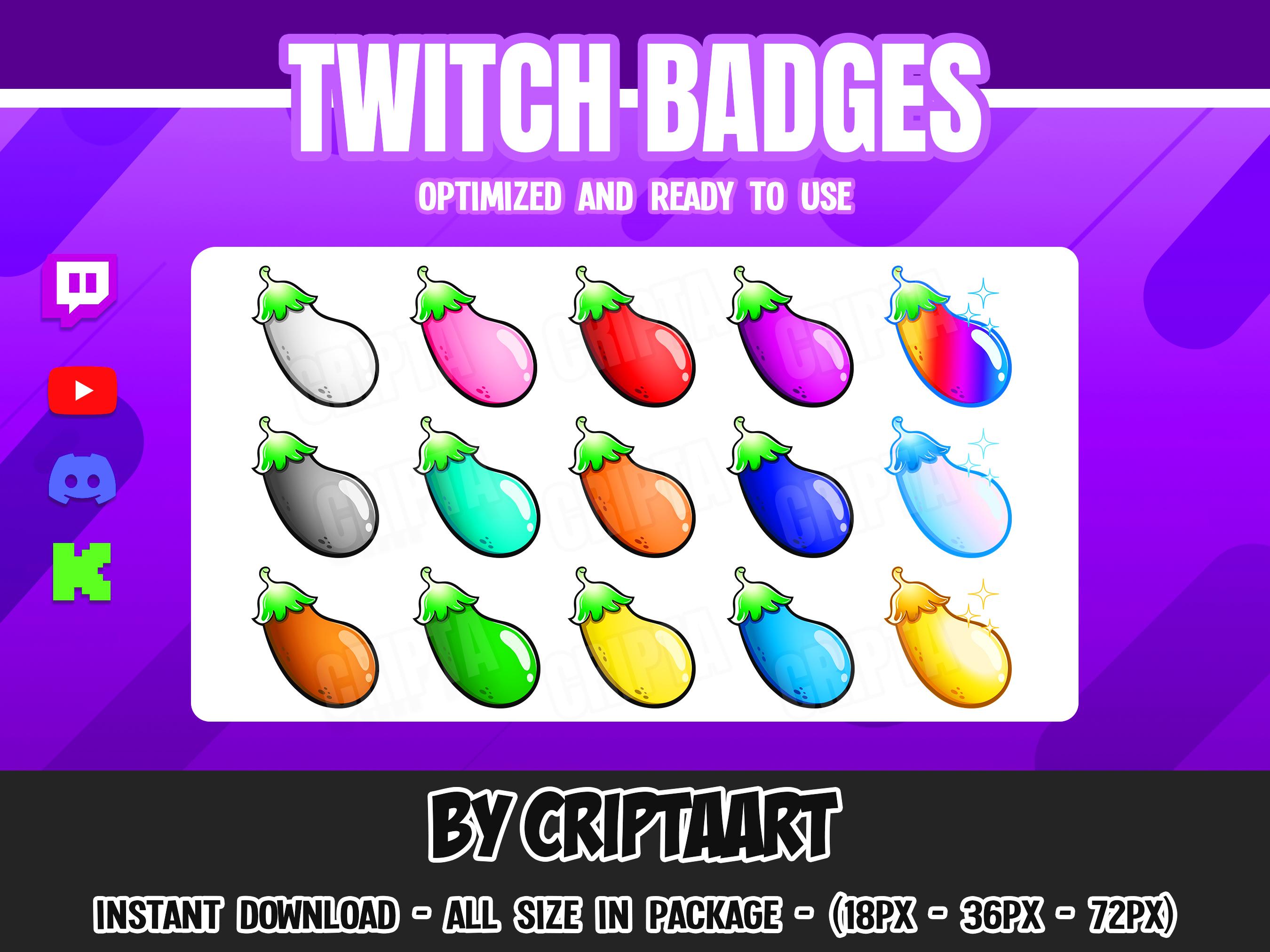 Eggplant Twitch Badges, Vegetable Bit Badge, Cheers, Subscribers / Stream Graphics, Discord, Kick, Youtube
