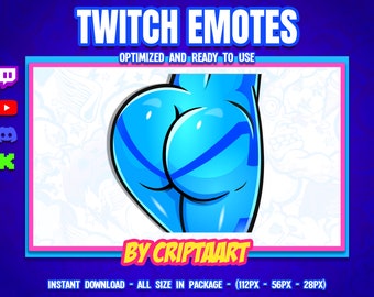 May include: A blue Twitch emote featuring a cartoon character with a blue body and a blue and white striped design. The emote is optimised and ready to use. The text "BY CRIPTAART" is at the bottom of the image.