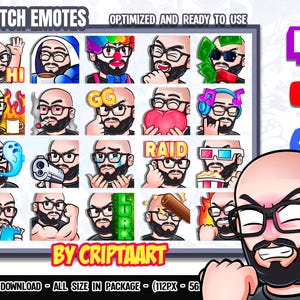 Bart und Brille Twitch Emotes / Bald Guy Mega Pack Emotes, lustiges Emojis-Bundle, Kanalpunkte, Abonnenten / Stream, Discord, Youtube