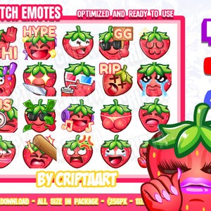 Strawberry Twitch Emotes Mega Pack, Cozy, Channel Points Fruit / Stream Graphics, Youtube, Discord, Kick, Tiktok