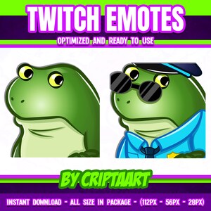 May include: Two green frog Twitch emotes. The first emote is a simple frog with a neutral expression. The second emote is a frog wearing sunglasses and a blue police officer uniform with a badge. The text "TWITCH EMOTES" is at the top of the image. The text "OPTIMIZED AND READY TO USE" is below the emotes. The text "BY CRIPTAART" is below the emotes. The text "INSTANT DOWNLOAD - ALL SIZE IN PACKAGE - (112PX - 56PX - 28PX)" is at the bottom of the image.