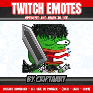 Puede incluir: Rana de dibujos animados verde con pelo negro sosteniendo una gran espada plateada, con la lengua roja hacia afuera y una expresión de sorpresa. La rana lleva un cinturón marrón y negro. El fondo es blanco con un patrón gris claro.