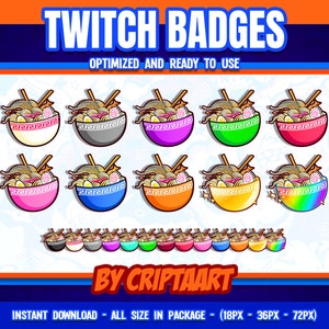May include: A set of 10 Twitch badges featuring a cartoon bowl of ramen noodles in various colors, including pink, blue, green, orange, and rainbow. The text "TWITCH BADGES" is at the top of the image, and the text "BY CRIPTAART" is at the bottom of the image.
