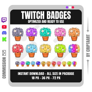 Puede incluir: Un gráfico digital con varios diseños de macetas coloridas, optimizado para insignias de Twitch. La imagen incluye el texto "Twitch Badges" y "Optimizado y listo para usar". Las insignias están disponibles en tamaños de 18, 36 y 72 píxeles.