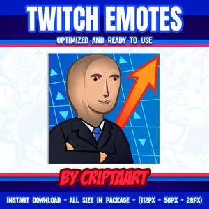 May include: A digital illustration of a cartoon man with a bald head, wearing a blue suit and a blue tie, with an orange arrow pointing upwards. The background is a blue and white grid pattern. The text "BY CRIPTAART" is below the image.