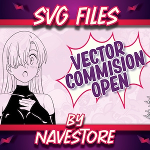 Puede incluir: Anuncio de arte digital con el texto "SVG FILES" y "VECTOR COMMISSION OPEN". La imagen presenta una ilustración en blanco y negro de estilo anime de un personaje. El texto adicional incluye "ANIME, CARTOON, LOGO, FANART, SKETCHES" y "BY NAVESTORE."