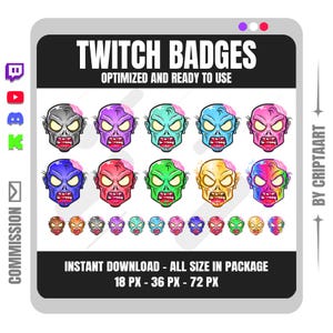 May include: A digital collection of Twitch badges featuring zombie head illustrations in various colours including grey, purple, teal, blue, pink, red, green, and gold. The text reads TWITCH BADGES, OPTIMIZED AND READY TO USE, BY CRIPTAART, and 18 PX - 36 PX - 72 PX.