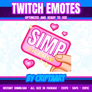 Simp licentie twitch emote, simkaart meme sub emoji, liefde in de stream, hart, tekst emote, kanaalpunten