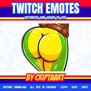 Op de afbeelding: Een groen en geel cartoonfiguur met een bruine riem. Het personage is een Twitch-emote. De tekst "TWITCH EMOTES" staat bovenaan de afbeelding. De tekst "OPTIMIZED AND READY TO USE" staat onder de tekst "TWITCH EMOTES". De tekst "BY CRIPTAART" staat onderaan de afbeelding. De tekst "INSTANT DOWNLOAD - ALL SIZE IN PACKAGE - (112PX - 56PX - 28PX)" staat onderaan de afbeelding.