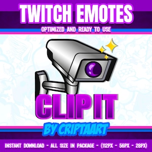 Puede incluir: Un emote de Twitch morado y rosa con una cámara de seguridad de dibujos animados con una lente morada y el texto "CLIP IT" en una fuente 3D rosa y morada. El texto "BY CRIPTAART" está debajo de la cámara en una fuente más pequeña.