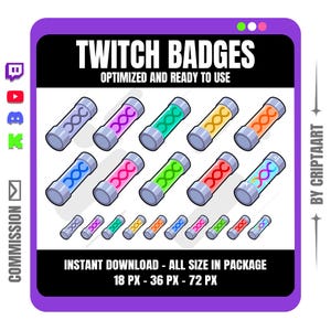 May include: A digital graphic featuring Twitch badges in various colors, including purple, pink, green, yellow, orange, and blue. The badges are cylindrical with a stylized 'XXX' design. Text reads 'Twitch Badges' and 'Optimized and Ready to Use'.