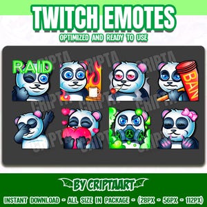 Chibi Panda Twitch Emote Pack - 8 Cute Kawaii Designs for Streamers, Discord, Kick, YouTube