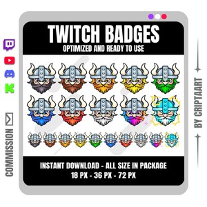 May include: A collection of Viking-themed Twitch badges with various beard colors, including brown, orange, yellow, green, blue, red, white, and purple. The badges are optimized and ready to use, with sizes ranging from 18 to 72 pixels.