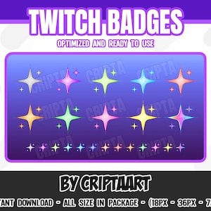 Puede incluir: Un gráfico digital con insignias de Twitch con un diseño de estrella en varios colores, incluyendo rosa, azul y amarillo. El texto "TWITCH BADGES" y "OPTIMIZED AND READY TO USE" se muestran en la parte superior. El texto inferior dice "BY CRIPTAART".