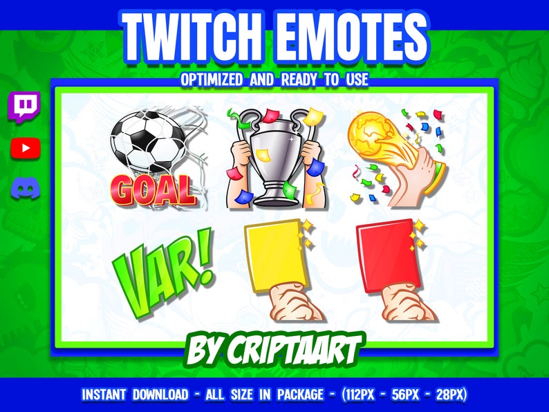 Twitch Emotes Pack / Soccer, Goal, Cups, Red Yellow Card Var Emoji