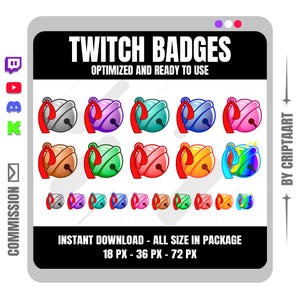 Puede incluir: Gráfico digital con insignias de Twitch en varios colores, incluyendo plata, morado, verde azulado, azul y rosa. Cada insignia es una campana con una cinta roja. El texto dice "Twitch Badges" y "Optimizado y listo para usar."