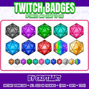 Puede incluir: Un conjunto de 10 insignias de Twitch que presentan un dado de 20 caras en varios colores, incluidos negro, morado, verde, azul, rojo, arcoíris y dorado. Las insignias están optimizadas para su uso en Twitch.