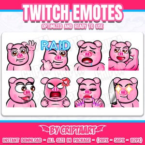 Cute Pig Emote Pack - 8 Kawaii Twitch and Discord Emotes, Funny Chibi Pig Icons for Streamers & Gamers