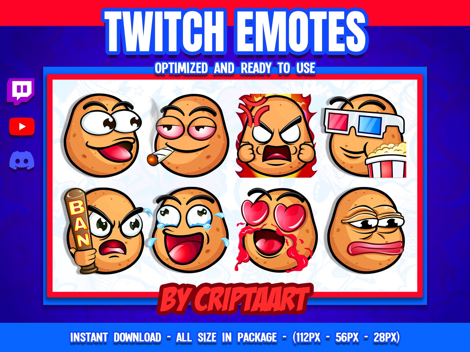 Potato Twitch Emotes Pack, Junk Food Emojis, Kawaii, Rage Ban Sad Pog ...
