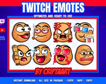 Pacote de emotes engraçados de batata, gráficos de salgadinhos para Twitch, Discord e Kickstarter.