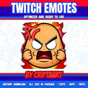 May include: A cartoon emote of a red-faced, angry potato with a fiery background. The emote is labelled "Twitch Emotes" and "By Criptaart".