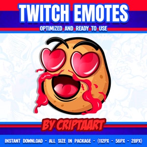 Puede incluir: Un emoji de dibujos animados de una patata marrón con corazones rojos por ojos y una gran sonrisa. La patata está cubierta de salsa roja y tiene una expresión feliz. El texto "TWITCH EMOTES" está en la parte superior de la imagen y "BY CRIPTAART" en la parte inferior.