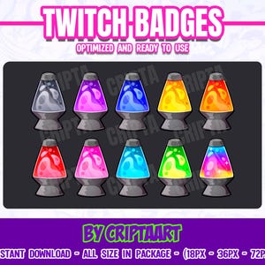 May include: Set of eight Twitch badges featuring colorful lava lamps in various colors, including red, pink, blue, yellow, green, and orange. The badges are optimized for use on Twitch.