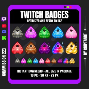 May include: A digital graphic featuring Twitch badges in various colors, including pink, green, and blue. The badges are shaped like planchette pointers, with an eye design. Text reads "Twitch Badges" and "Instant Download."